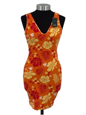 Wild Fable Orange Tropical Hibiscus Floral Mini Dress Sleeveless Size Medium